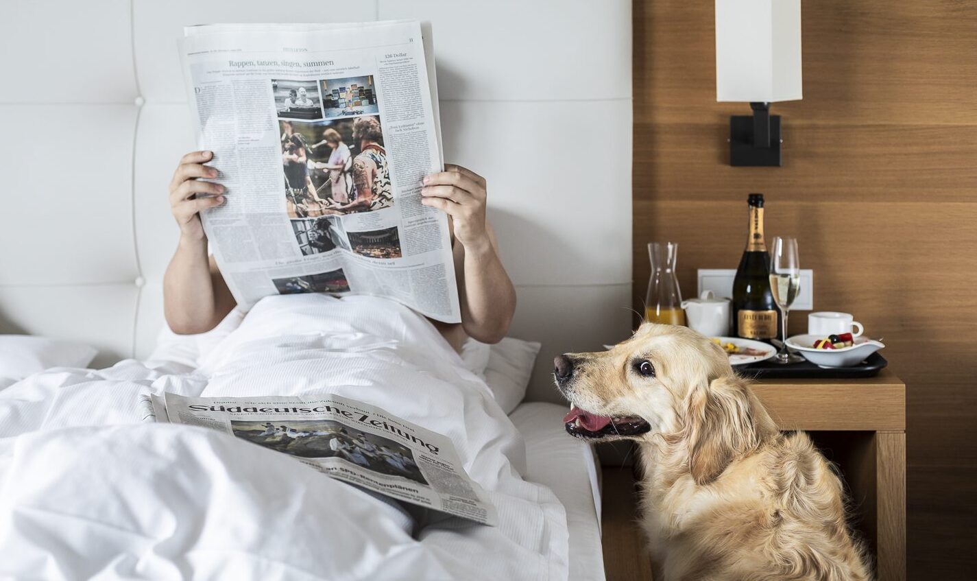 Mann liest im Bett eine Zeitung und Hund sitzt daneben. Alles möglich im hundefreundlichen Vinschgerhof.